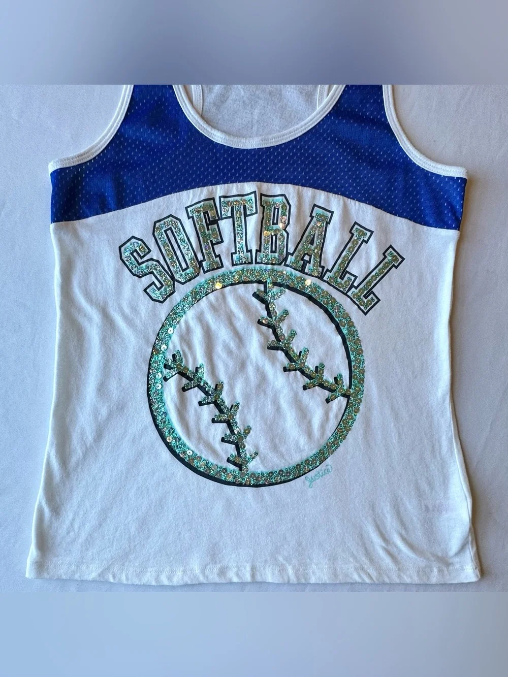 Justice Girls Tank Top Softball Blue White Glitter Aqua Sequins 2012 Size 16